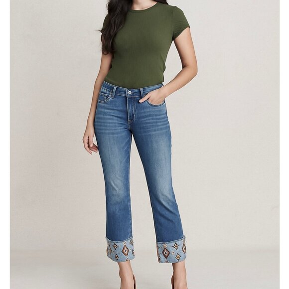 Driftwood Medium Wash Colette Aztec Embroidered Cuffed Bootcut Jeans Size 28 - Picture 1 of 9